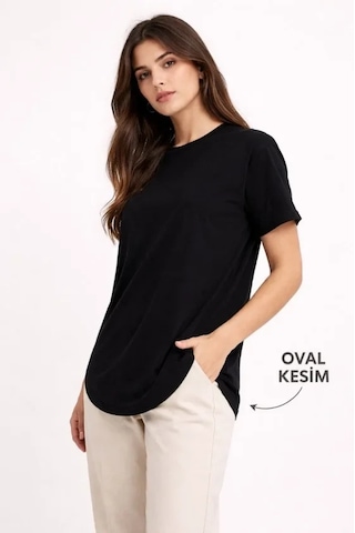 Defymoda Basic T-shirt Kısa Kol Bisiklet Yaka Oval Kesim Tişört - Siyah