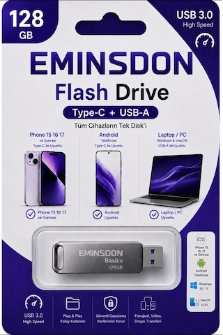 128gb Flash Bellek Android Iphone15 Ve Sonrası Type-c Telefon Bilgisayar Tablet Uyumlu Usb3.0 Usb & Type-c
