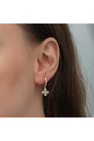 Gümüş Gold Sallantılı Yonca Kadın Küpe T8468 Gold