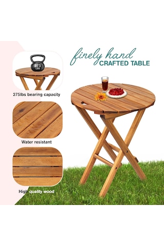 60x50x40 Cm Ahşap Katlanır Yuvarlak Kamp Masası Piknik, Bahçe Ve Balkon Kolay Taşımalı - Doğal Bambu Rengi Ahşap