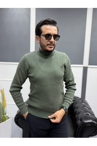 Avni Ceylan Modern Erkek Slim Fit Balıkçı Yaka %100 Pamuk Pike Örgü Triko Kazak Yeşil/kahve