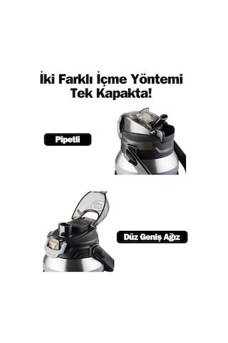 Tkk Büyük Boy 1000ml Pipetli/pipetsiz Kullanım Askılı Paslanmaz Çelik Termos Matara Siyah Çok Renkli