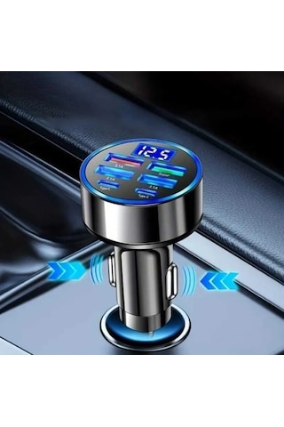 Dijital Ekranlı 6 Çıkışlı Süper Hızlı Araç Içi Şarj Aleti Başlığı Süper Hızlı Şarj Mevcuttur Usb + Type-c