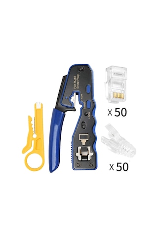 Sones Rj45 8p Delikli Kristal Başlıklı Konnektör Kılıfı Ağ Aracı Soyma Tel Kablo Pense Seti Mavi