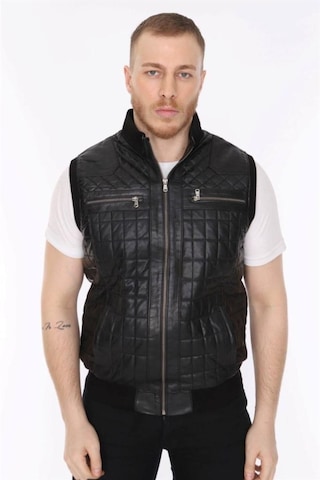 Hakiki Deri Siyah Işlemeli Lastikli Erkek Deri Yelek Siyah
