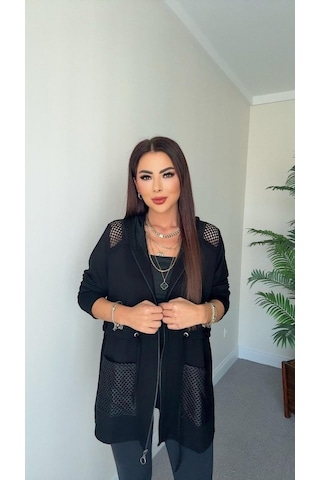 Kadın Uzun Kollu Önü Fermuarlı File Detaylı Belden Bağcıklı Kısa Modal Ceket Siyah