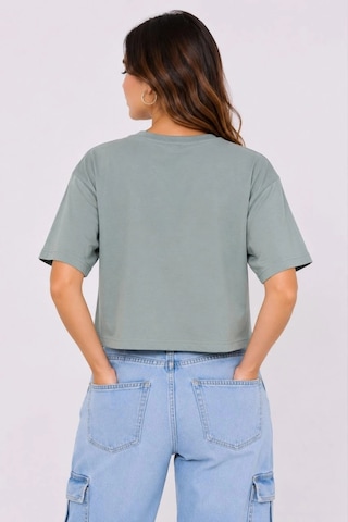 Primemagazam Kadın Kedi Baskılı Oversize Crop Tişört Salaş Basic Yarım Kol T-shirt - Mint Yeşili Çeşitli