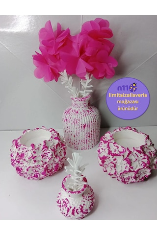 Dekoratif Fuşya Mumluk Çiçekli Vazo Süs Eşyası Biblo Takımı Fuşya
