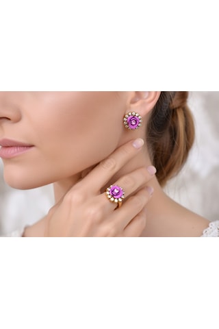 El İşçiliği Pembe Gül Detaylı Vintage Stil Gümüş Ve Bronz Yüzük Küpe Otantik Takı Seti Mod113 Gümüş