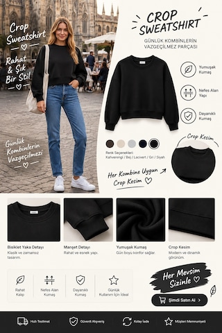 Luxıc Core Kadın Crop Bisiklet Yaka Sweatshirt Pamuklu Yumuşak Dokulu Günlük Spor Sweatshirt Siyah