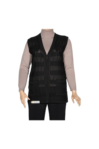 Hesna Kadın Gökçe Triko Ajurlu Boncuklu Cepli Siyah Yelek Siyah