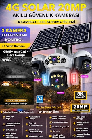 3 Hareketli 20mp 4 Kamera 4g Solar Güneş Enerjili Güvenlik Kamerası - Anlık Bildirim - Cepten İzle