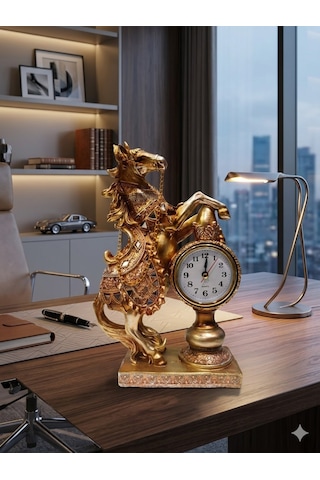 Dekoratif Sevgiliye Babaya Yöneticiye Özel Lüks Hediye At Heykeli Ev Ofis Masaüstü Saati 25x16 Cm Gold