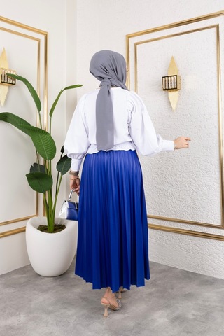Hira Life Fashion Kadın Tesettür Giyim Ve Deri Görünümlü Beli Lastik Detayı İle Piliseli Uzun Etek Mavi Mavi
