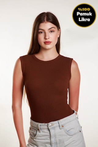 Kadın Kahverengi Fitilli Likralı Sıfır Kol Bisiklet Yaka Örme Atlet Tshirt Bluz Kahverengi