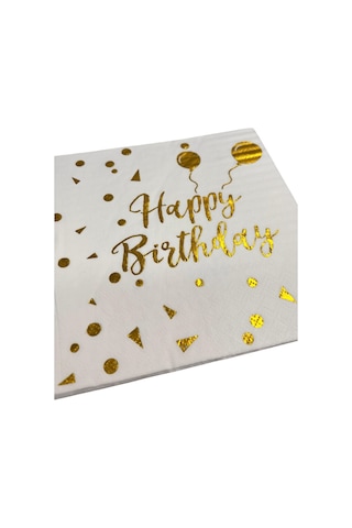 Peçete Varaklı Happy Birthday Yazı Beyaz Üstü Gold