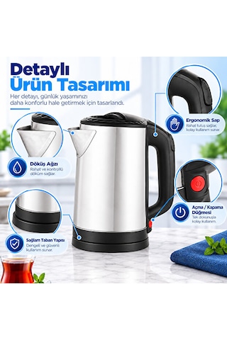 1.8 L Paslanmaz Çelik Elektrikli Su Isıtıcı Kettle 360 Döner Tabanlı Otomatik Kapanmalı Susuz Çalışma Korumalı