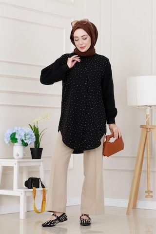 Sevitli Göğüsü Taş Detaylı Oversize Tunik-siyah-5225 Siyah