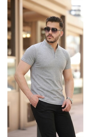 Efnaz Style Erkek Hakim Yaka Dokuma Pamuklu Kumaş Kısa Kollu T-shirt Gri