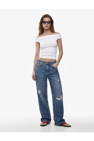 Koton Pamuklu Ribanalı Slim Fit Omzu Açık Madonna Yaka Tişört Beyaz 6sak50503ek