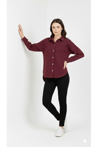 Kadın Kot Rahat Kesim Cepli Düz Denim Gömlek Bordo