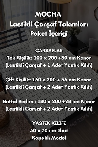 Mocha Beyaz Ekose Desenli Pamuklu Kumaş Lastikli Çarşaf Takımı Beyaz