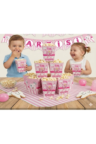 8 Adet - Mısır Kutusu Popcorn Diş Partisi Kız Pembe Diş Buğdayı Parti Seti