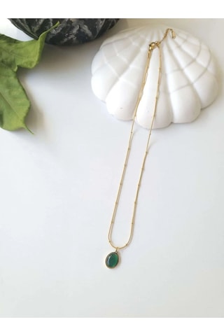 Çelik Gold Yeşil Taşlı Kadın Kolye - Emerald Sevgiliye Hediye
