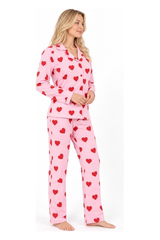 Sleeeproom Kadın Süet Düğmeli Mevsimlik Kalp Desen Pudra Pijama Takımı Kırmızı - Pembe