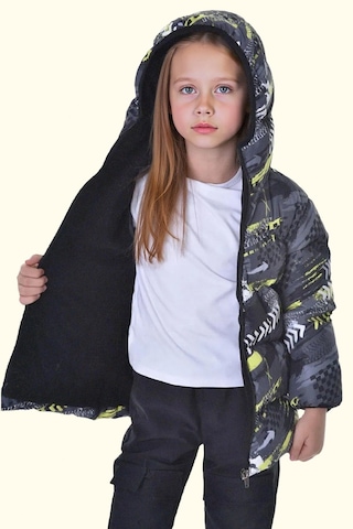 Kız Çocuk Dijital Desen Polar Su Ve Rüzgar Geçirmez Kapüşonlu Şişme Kışlık Mont Sarı