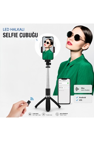Led Işıklı Selfie Çubuğu Tripod Kablosuz Kumandalı Siyah