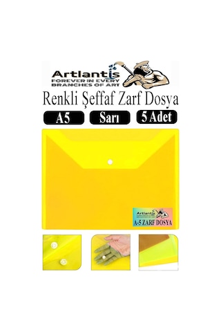 Sarı A5 Çıtçıtlı Dosya Şeffaf Renkli Zarf Dosya 5 Adet 17x22 Cm Çıt Çıtlı Dosya Su Geçirmez 50 Yaprak Kapasiteli