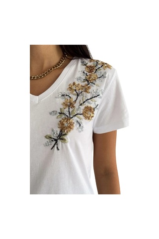 Cassime Kadın Beyaz Çiçek Pul Payet İşlemeli %100 Pamuk Kısa Kollu Tişört S-m-l-xl-2xl-3xl Altın