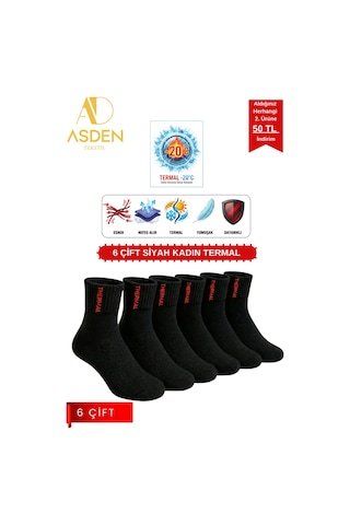 Asden Tekstil 6 Çift Kadın Termal Havlu Çorap - Kışlık Yumuşak - Premıum Pamuk - Burun Dikişsiz Beyaz 6çiftsiyah