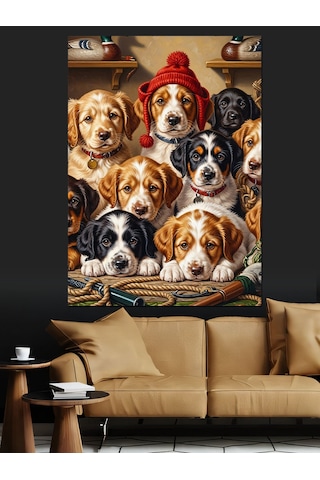 Ahşap Tablo Kışlık Şapka Takmış Sevimli Köpekler