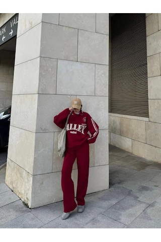 Assema Kadın Üç İplik Pamuklu Yakalı Sweat Baggy Pantalonlu Takım - Bordo Çok Renkli