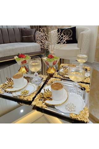 Atabey Home Collection 6'lı Kahve & Çay & Sunum Tepsisi Metal Döküm Gül Model
