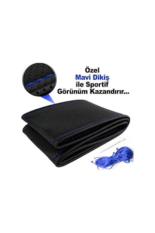 Hyundai I30 2017 Sonrası Deri Direksiyon Kılıfı Dikmeli Noktalı Mavi Dikişli Siyah