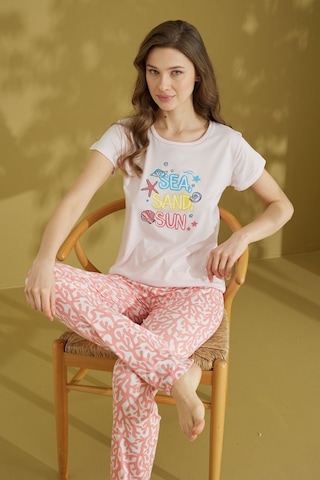 Çağrı Kadın Desenli Bisiklet Yaka Düğmesiz Pamuklu Yazlık Kısa Kol Pijama Takımı Pudra