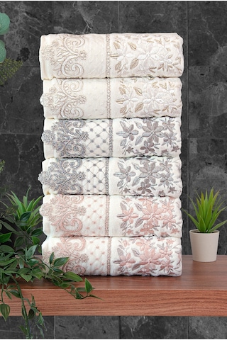 Güpürlü Kadife Nakış İşlemeli Desenli Kutulu Lüks Çeyizlik 6'lı El Yüz Havlu Seti 50x90 - 00274 Çok Renkli