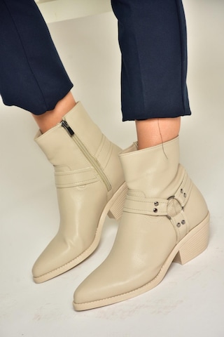 Fox Shoes T404400609 Bej Kalın Topuklu Kadın Bot Bej-suni Deri Bej