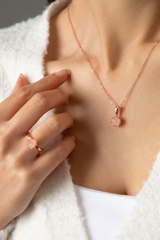 Kadın Rose Kaplama Beyaz Taşlı Lotus Çiçeği Kolye Yüzük  Set Rose Gold