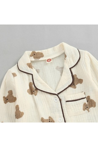 Çocuklar Unisex Günlük Pijama Takımı, Ayı Baskılı Uzun Kollu Ön Cep Yaka Üstleri + Baskılı Uzun Pantolon