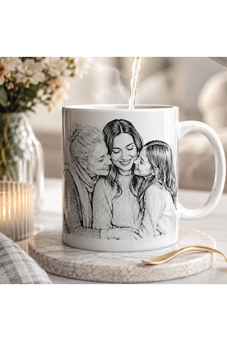 Bk Gift Kişiye Özel Karakalem Çizimli Fotoğraflı Beyaz Kupa Bardak