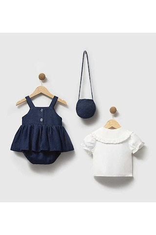 Ministok Cherry Nakış İşlemeli Gömlekli Çanta Aksesuarlı Kız Bebek Romper Lacivert