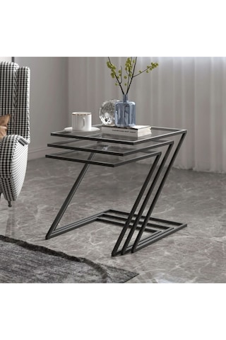 Misto Z Şekil Camlı Üçlü Zigon Sehpa Siyah