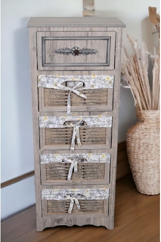 Ahşap 5 Çekmeceli Hasır Görünümlü Sebzelik Rustik