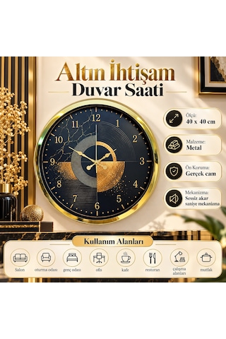 Altın İhtişam 40 X 40 Cm Gold Metal Duvar Saati