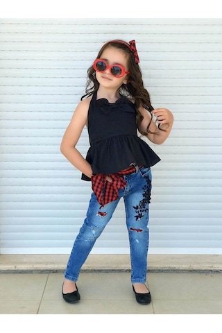 Quzucuk Kids Kız Çocuk Ekose Detaylı Pantolonlu Takım Çok Renkli