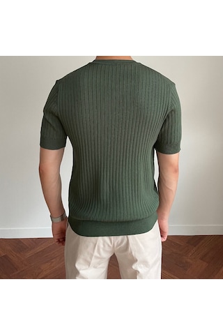 Tarz Cool Erkek Fitilli Slim Fit Bisiklet Yaka Triko T-shirt Haki